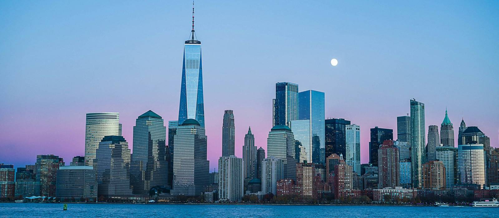 Lower Manhattan skyline at dusk seen from New Jersey